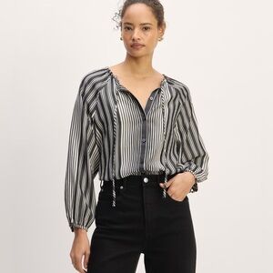 Everlane The Gathered Shirt Striped Black White Long Sleeve Blouse Size XXL NWT